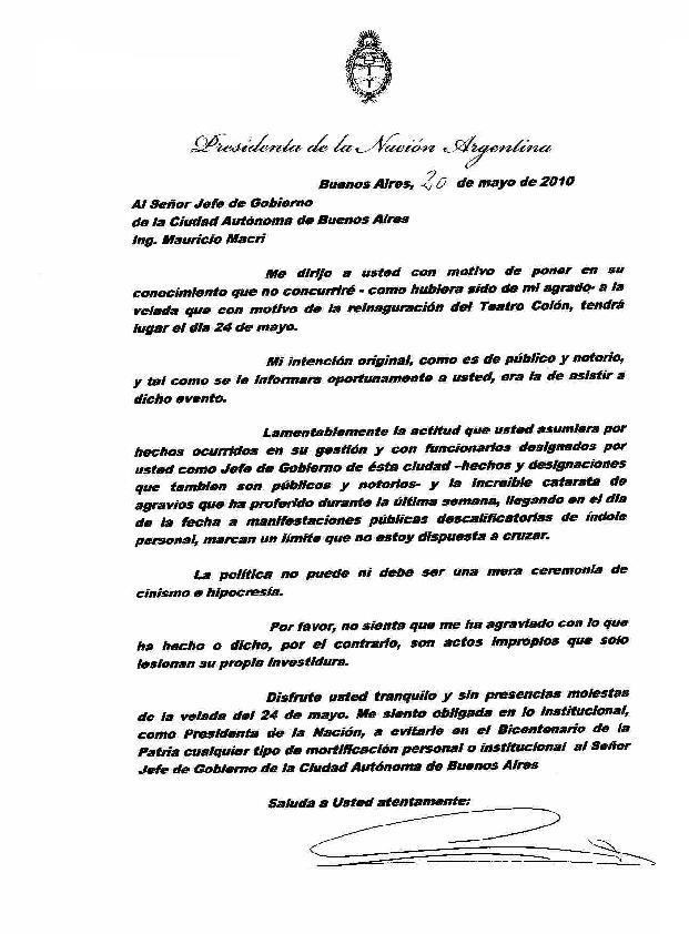 100520 carta sra presidenta a mauricio macri